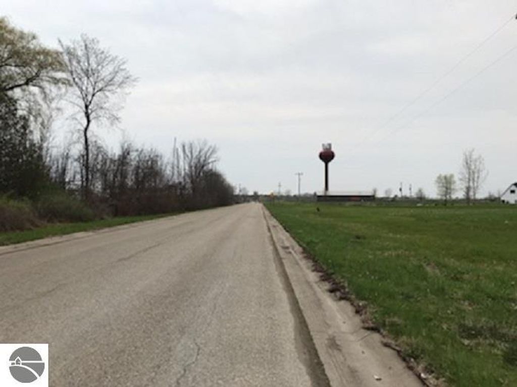Road view along N/A South Street in Au Gres, MI, featuring grassy areas, trees, and a water tower in the distance, highlighting potential building site location.