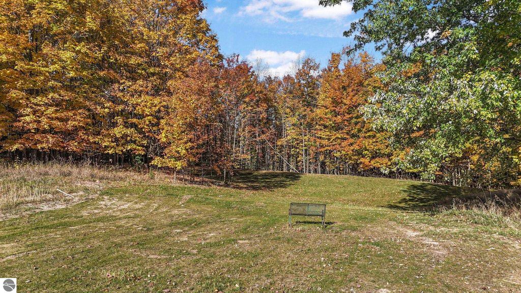 Scenic view of autumn foliage in Leelanau County, featuring a bench on a grassy area surrounded by colorful trees, emphasizing the natural beauty near Traverse City, MI.