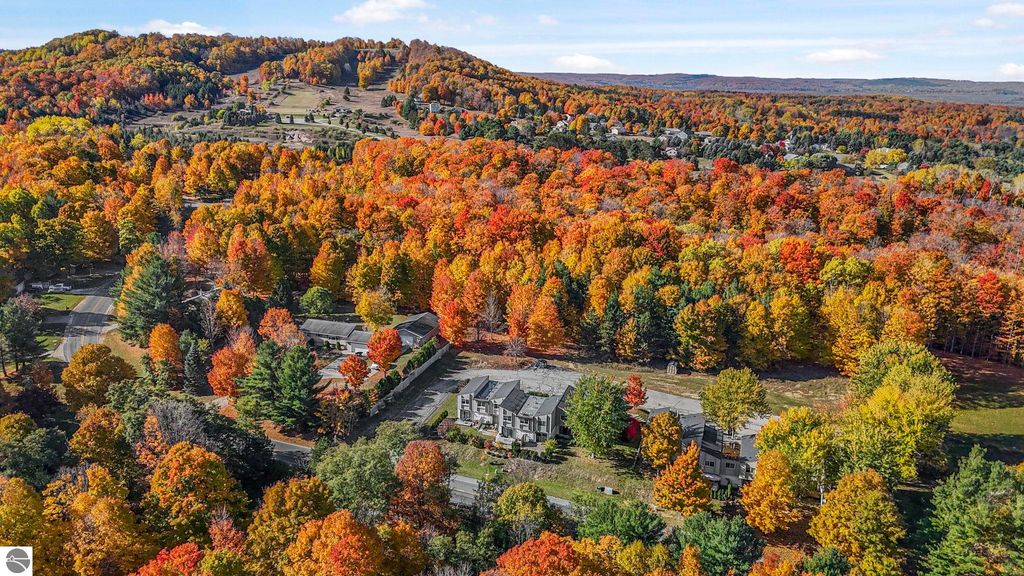 Aerial view of colorful autumn foliage surrounding townhouse community in Traverse City, Michigan, showcasing vibrant trees and nearby roadways.