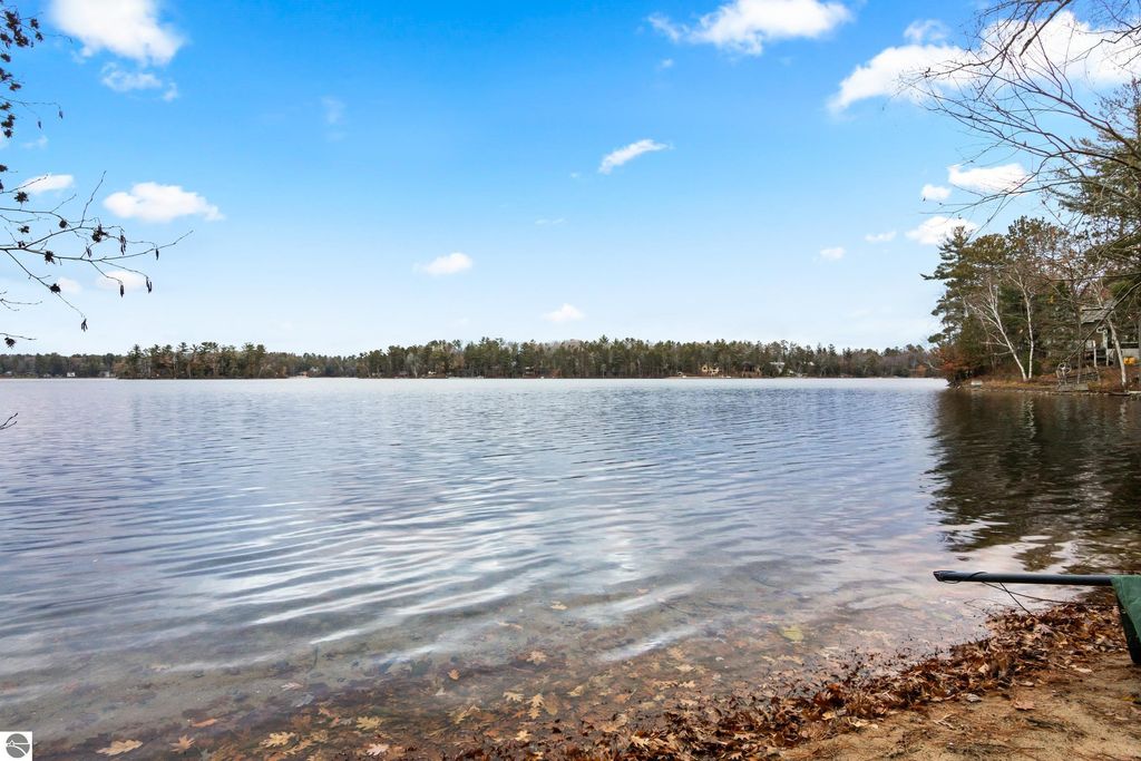 Lakefront view of Spider Lake showcasing clear water and sandy shoreline, surrounded by trees, ideal for tranquil waterfront living in Traverse City, MI.