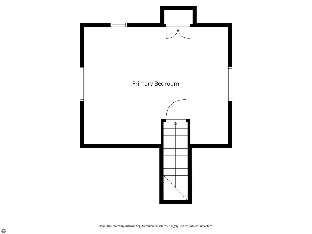 Floor plan of primary bedroom layout with labeled features and staircase access, showcasing design for 4411 Lakeview Trail, Traverse City, MI waterfront home.