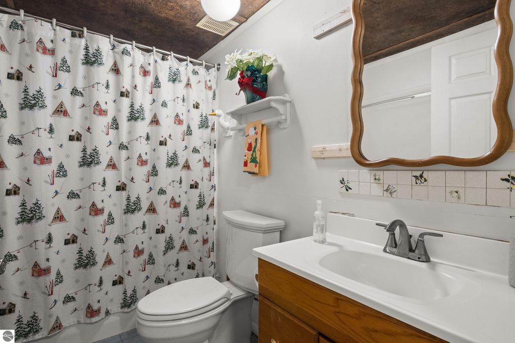 Bathroom with a decorative shower curtain featuring winter scenes, a wooden vanity with a sink, and a mirror, showcasing a cozy, rustic aesthetic suitable for a waterfront home in Traverse City.