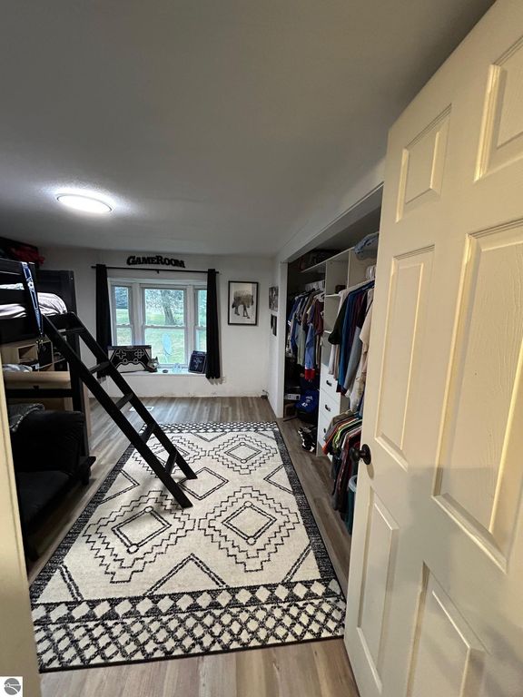 Interior view of a game room featuring a bunk bed, a patterned area rug, and a closet with organized clothing, illuminated by natural light from a window.