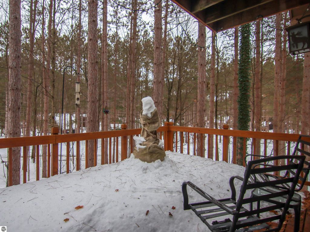 Snow-covered deck with a statue and a chair, surrounded by tall pine trees, showcasing a winter landscape near 7864 Chippewa Drive, Thompsonville, MI.