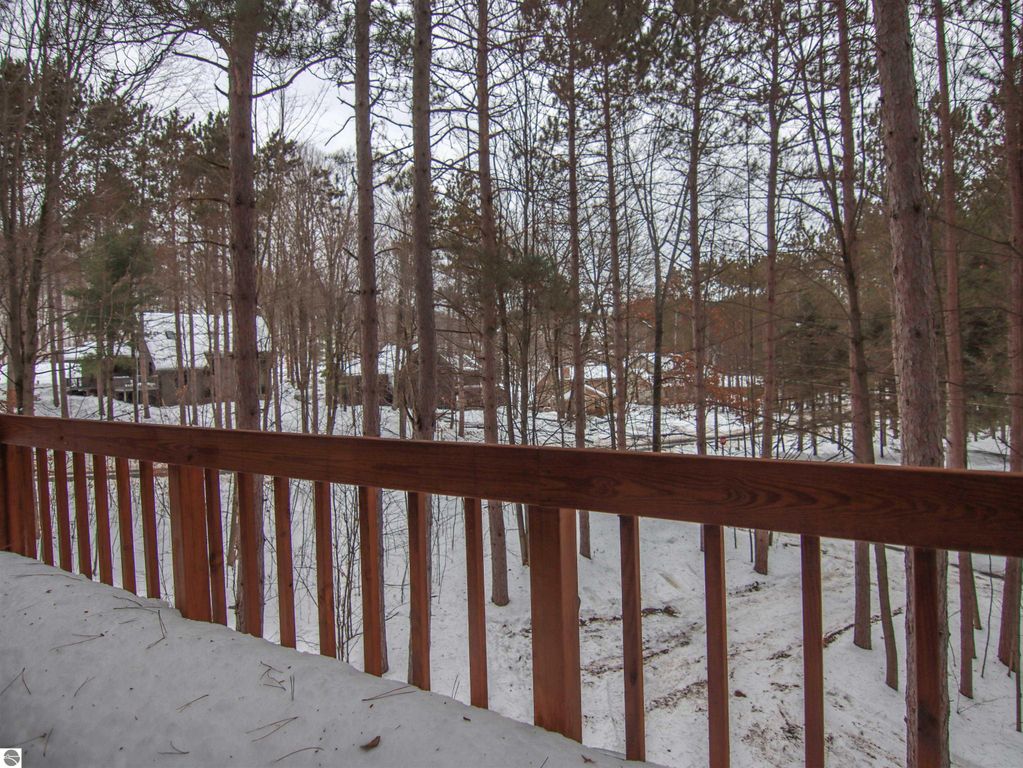 View from a wooden deck overlooking snow-covered ground and tall pine trees, showcasing the serene woodland setting near 7864 Chippewa Drive, Thompsonville, MI.