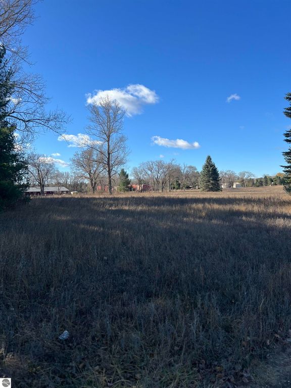 Vacant land on Johnson Road in Bellaire, MI, featuring open grassy area, trees, and clear blue sky, ideal for building a Northern Michigan home or getaway.