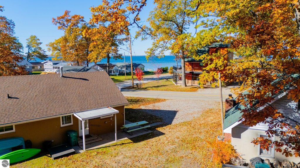 Cozy cottage at 133 Maple Bluffs Avenue, surrounded by vibrant autumn foliage, with views of Houghton Lake, ideal for up-north living.