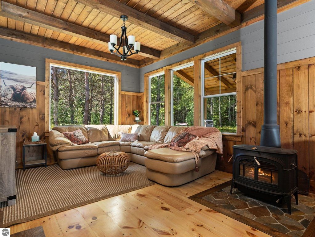 Cozy living room with custom wood finishes, large windows showcasing nature, leather sectional sofa, woodstove, and rustic decor in a northern Michigan home.
