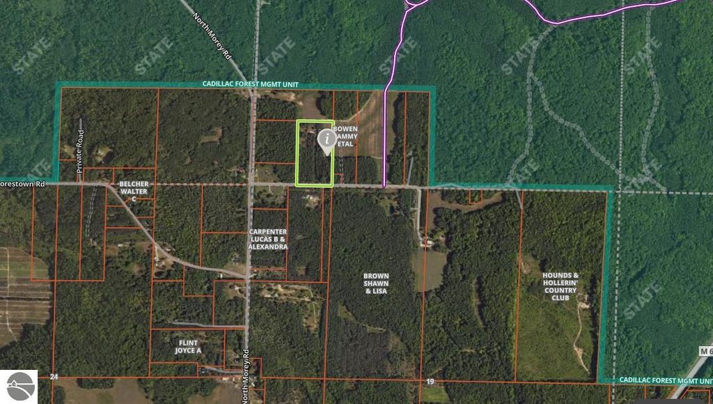 Map highlighting the property location at 5800 W Moorestown Road, Lake City, MI, surrounded by wooded areas and nearby roads, emphasizing its connection to local outdoor activities and real estate opportunities.