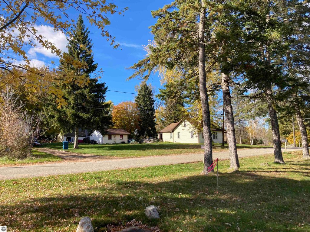 Cozy residential neighborhood in Rose City, featuring three houses surrounded by trees and fall foliage, with a gravel road and visible utility poles.