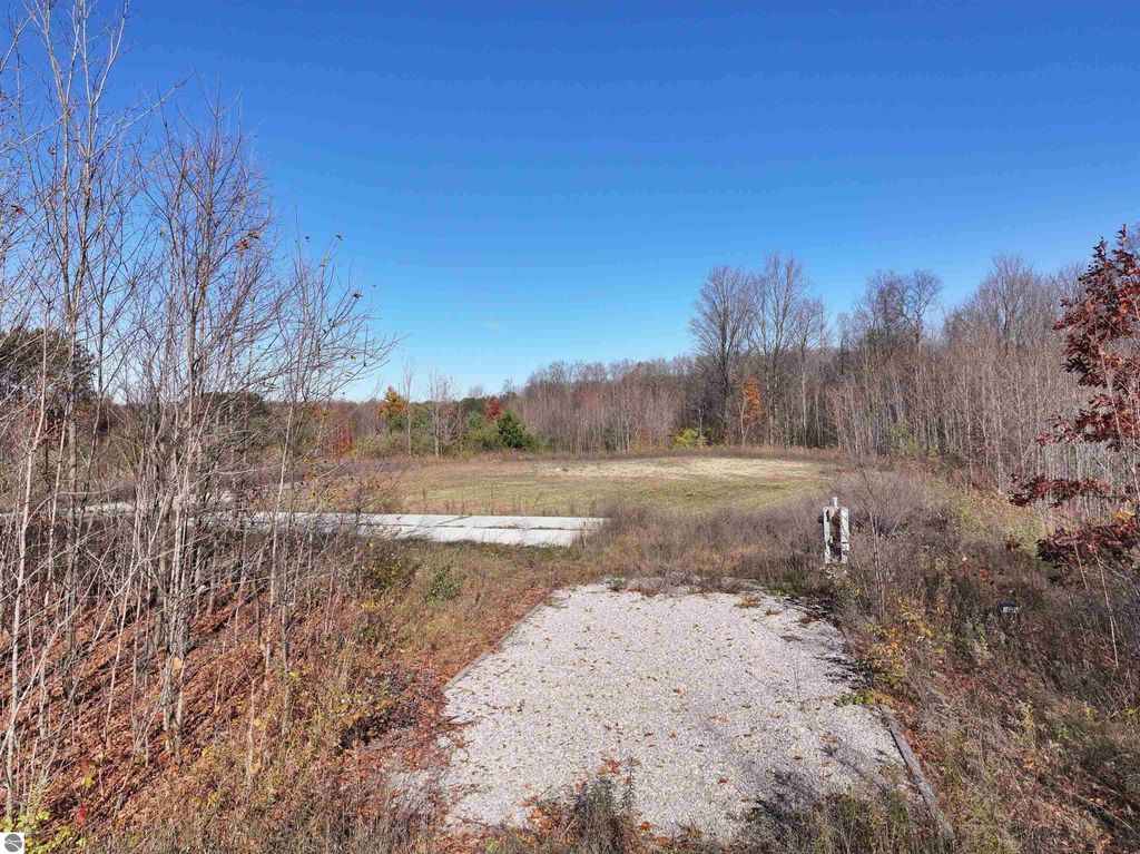 Wooded 8-acre parcel at 6884 Zue Road, Buckley, MI, featuring a cleared area with a concrete pad, electrical service, and scenic natural surroundings.
