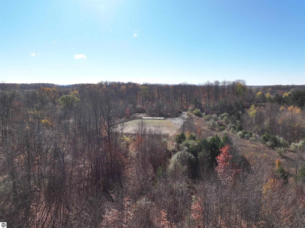Aerial view of a wooded 8-acre parcel at 6884 Zue Road, Buckley, MI, showcasing natural landscape, cleared area for building, and vibrant autumn foliage.