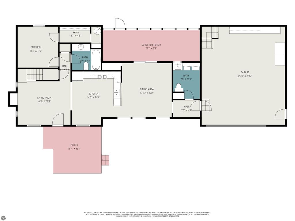 Floor plan of a spacious 4-bedroom, 2-bath home at 650 Linda Drive, Harrison, MI, showcasing layout with living room, kitchen, dining area, screened porch, and garage.