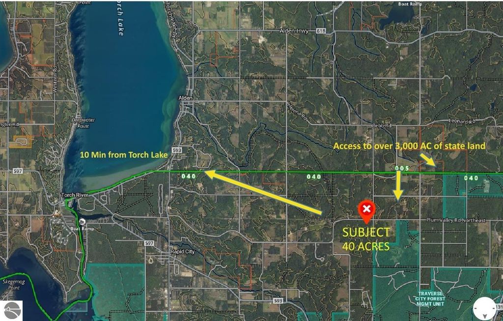 Map highlighting 40 acres for sale in Alden, MI, with proximity to Torch Lake and access to over 3,000 acres of state land.
