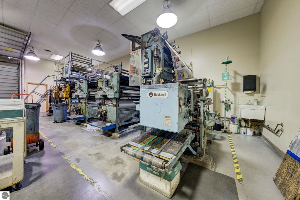 Printing machinery in a commercial building, showcasing Rockwell equipment, production space, and industrial setup, relevant to the Lake Leelanau real estate listing.