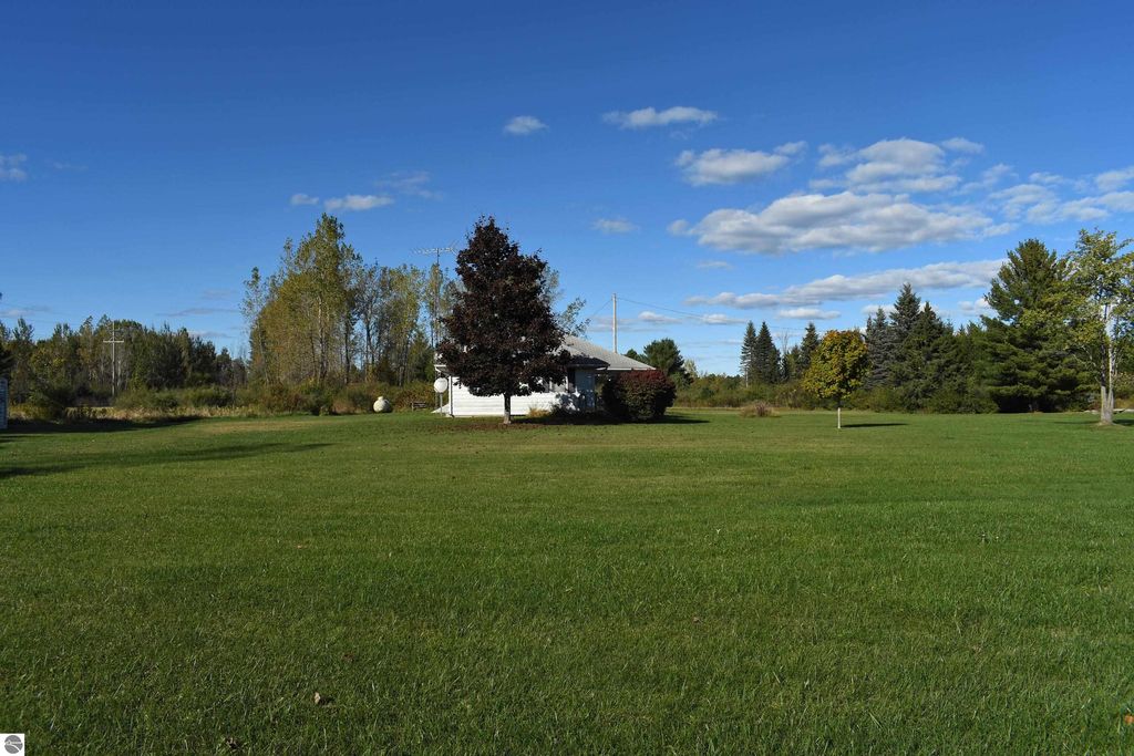 Ranch-style home on 40 acres in Tawas City, surrounded by lush greenery and trees, showcasing open lawn space and a clear blue sky.