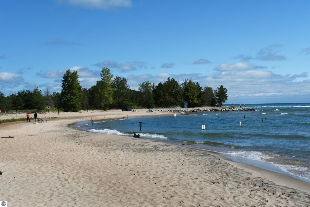 Scenic view of a sandy beach along Lake Huron, featuring gentle waves, green trees, and people enjoying the outdoors, highlighting the area's natural beauty near Tawas City, MI.