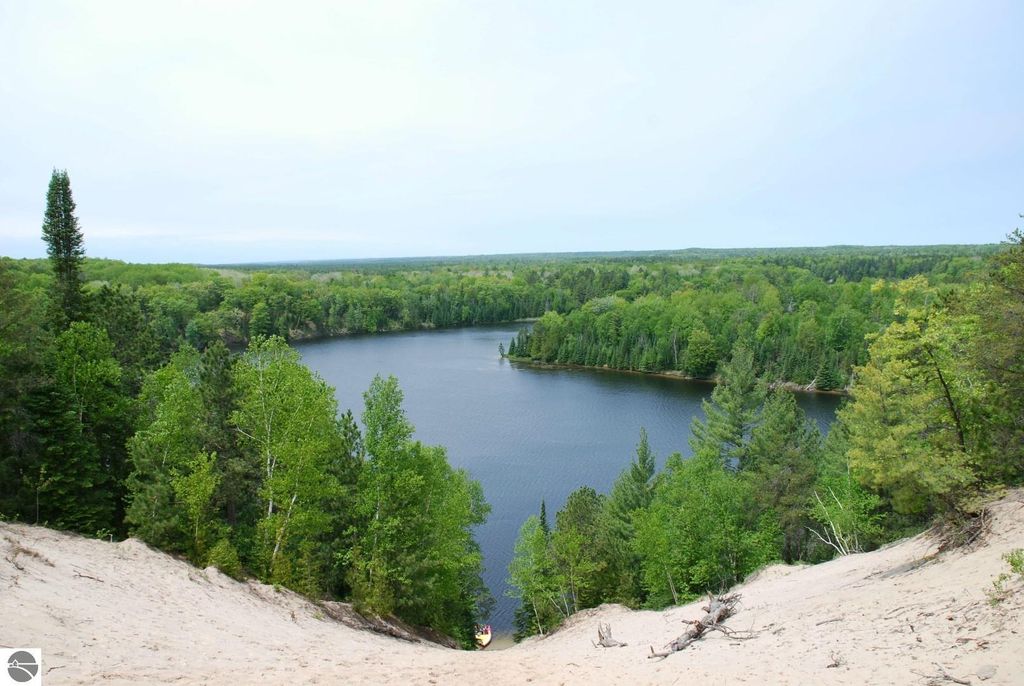 Scenic view of a tranquil lake surrounded by lush greenery and dense forests, showcasing the natural beauty of Tawas City, MI, ideal for outdoor activities like fishing and exploring.