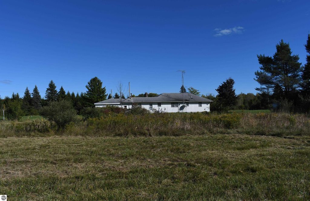 Ranch-style home on 40 acres in Tawas City, surrounded by greenery and trees, showcasing a tranquil outdoor setting ideal for privacy and outdoor activities.