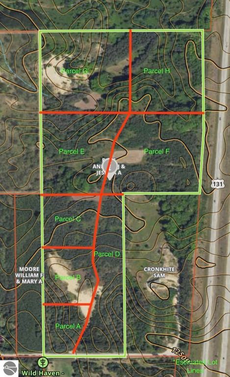 Map of parcels in Manton, MI, highlighting Parcel E with surrounding land contours and nearby properties for real estate listing.