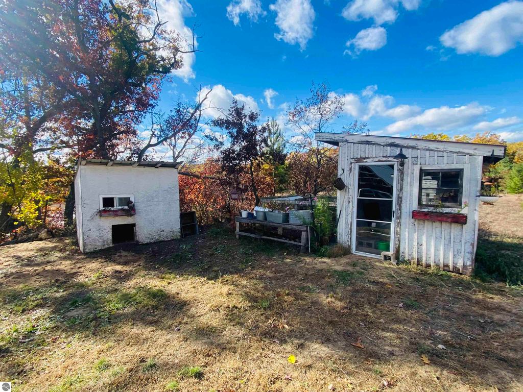 Outbuildings on a rural property in Rose City, MI, featuring a small white structure and a larger shed surrounded by trees and open grassland, ideal for outdoor enthusiasts and potential projects.