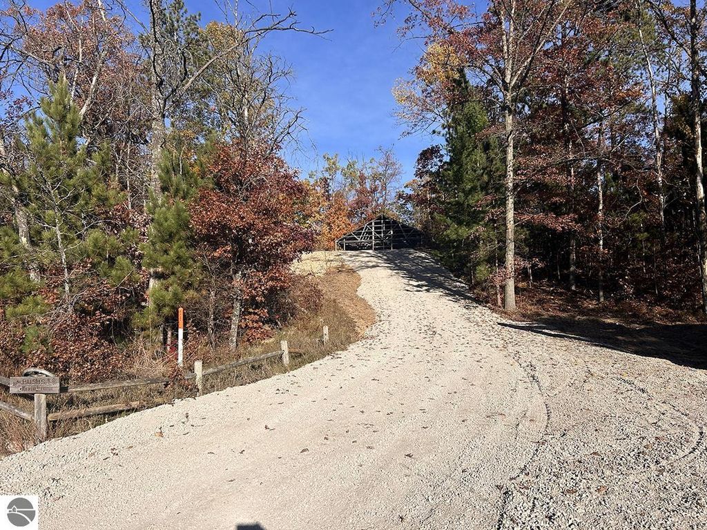 Gravel driveway leading to a partially finished pole barn surrounded by trees, showcasing the private, wooded setting of the property at 5885 S Mt Tom Road, Rose City, MI.