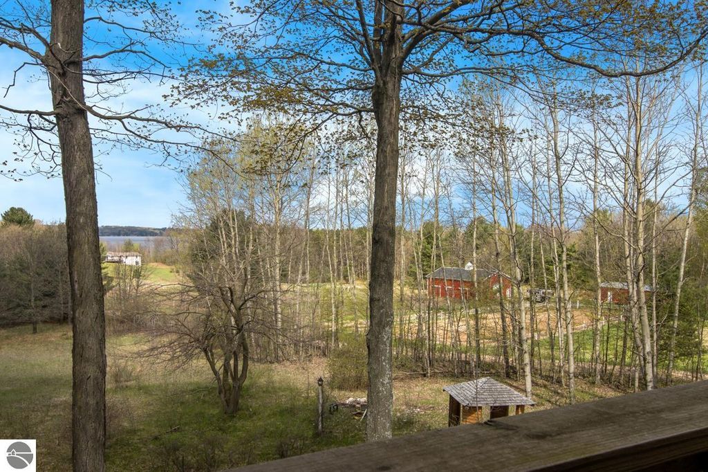 View from a chalet-style home in Alden, MI, showcasing a serene landscape with trees, open fields, and nearby outbuildings, emphasizing the property's 5-acre setting and proximity to Torch Lake.
