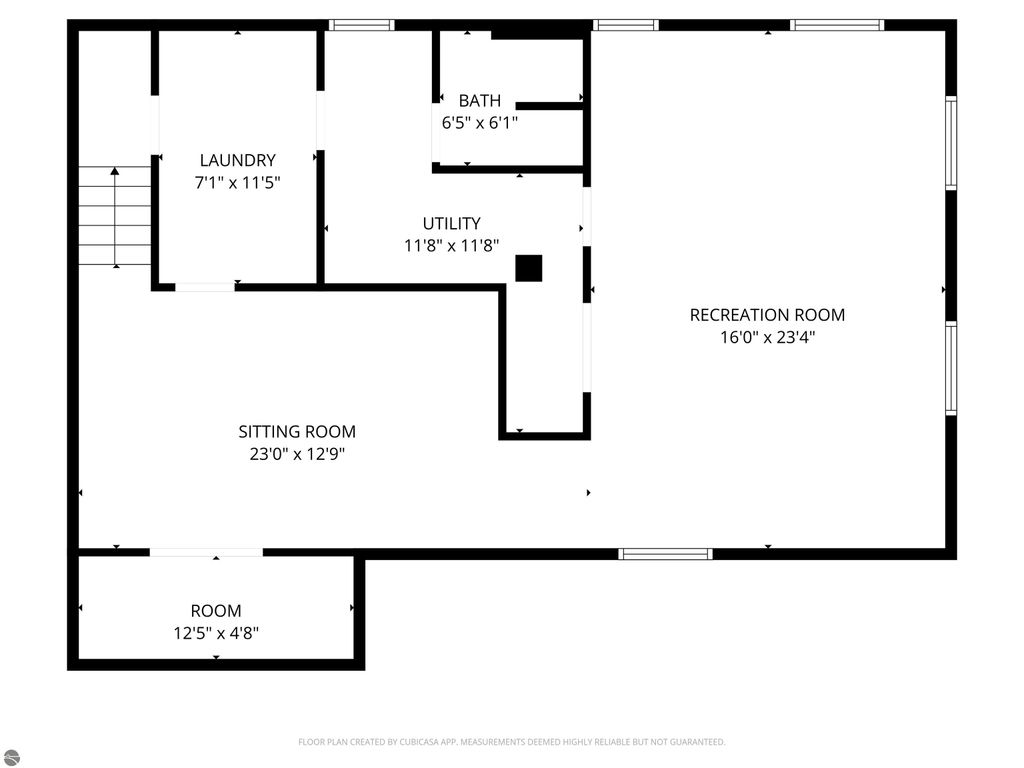 Floor plan of a ranch-style home featuring a recreation room, sitting room, laundry, utility space, and bath, highlighting dimensions for each area, relevant to the real estate listing at 315 N Simons Street, Cadillac, MI.