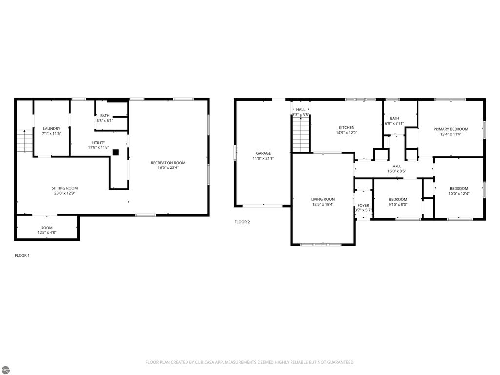 Floor plan of a 3-bedroom, 2-bath ranch home located at 315 N Simons Street, Cadillac, MI, featuring a garage, living room, kitchen, and multiple bedrooms, with dimensions labeled for each room.