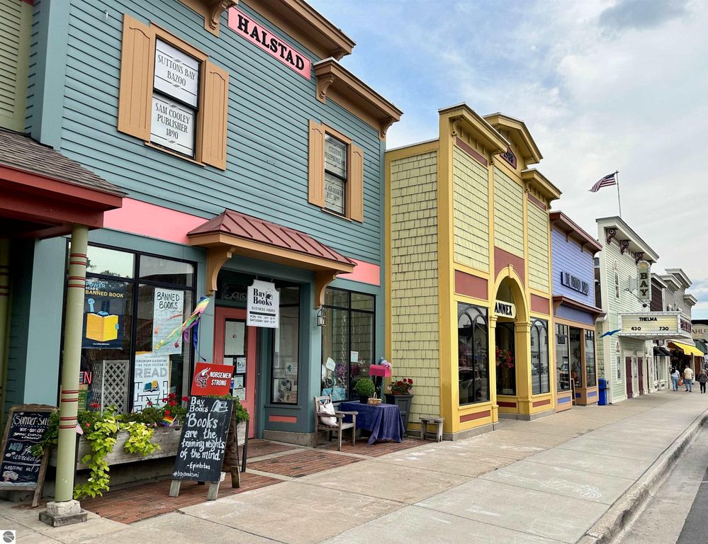 Colorful storefronts on Suttons Bay's main street, featuring Bay Books with a sign promoting banned books, Halstad sign above, and various shops including the Annex, showcasing the vibrant community atmosphere.