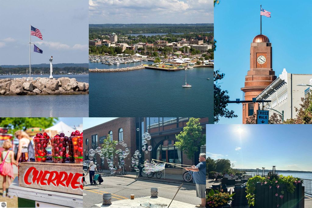 Collage of Suttons Bay, MI, featuring waterfront views, American flags, local cherry market, street performers, and iconic clock tower, showcasing the area's scenic beauty and vibrant community life.