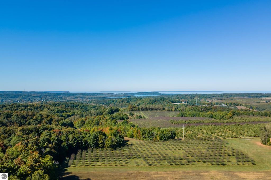 Aerial view of 74.2 acres of farmland in Suttons Bay, MI, showcasing lush greenery, rows of trees, and expansive water views of Grand Traverse Bay and Lake Michigan under a clear blue sky.