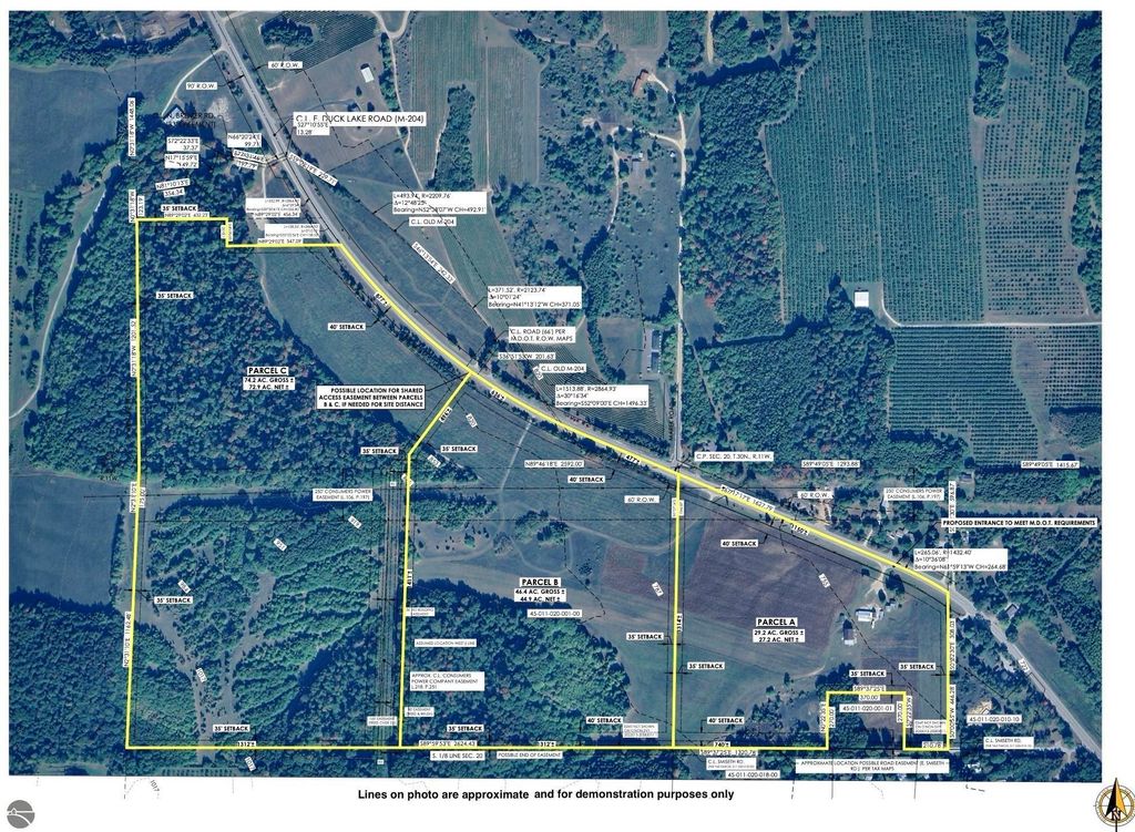 Aerial map of 72-acre Parcel C on E Duck Lake Road in Suttons Bay, MI, showing property boundaries, potential access points, and surrounding farmland, highlighting development opportunities in a scenic region.