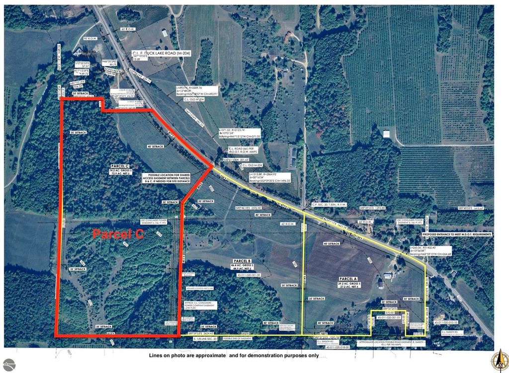 Map of Parcel C, E Duck Lake Road, Suttons Bay, MI, highlighting 72.4 acres of land with outlined boundaries and surrounding features, indicating potential development opportunities and scenic views.