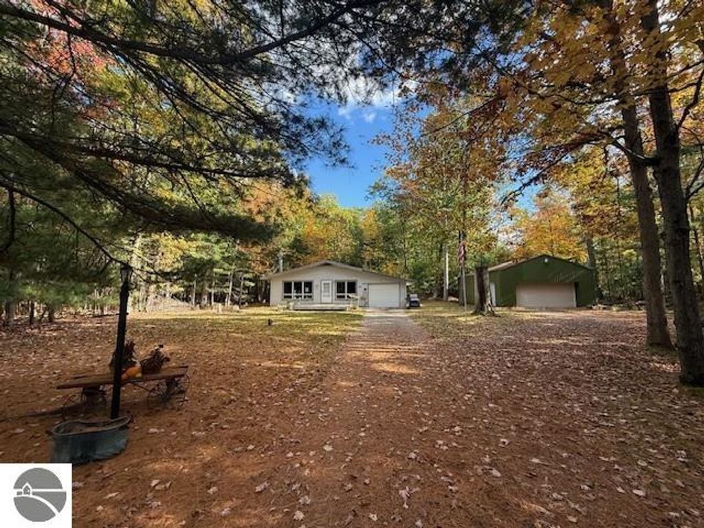 Cozy cottage at 6025 Forest Haven Drive surrounded by autumn foliage on 3.5 acres, with a large pole building and a private wooded setting near Lake Michigan in Glen Arbor, MI.