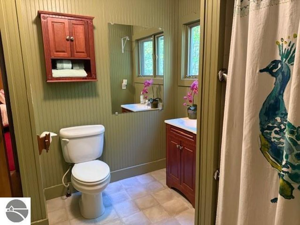 Cozy bathroom featuring a white toilet, wooden vanity with sink, green beadboard walls, and a colorful peacock shower curtain, with natural light from windows and decorative orchids.