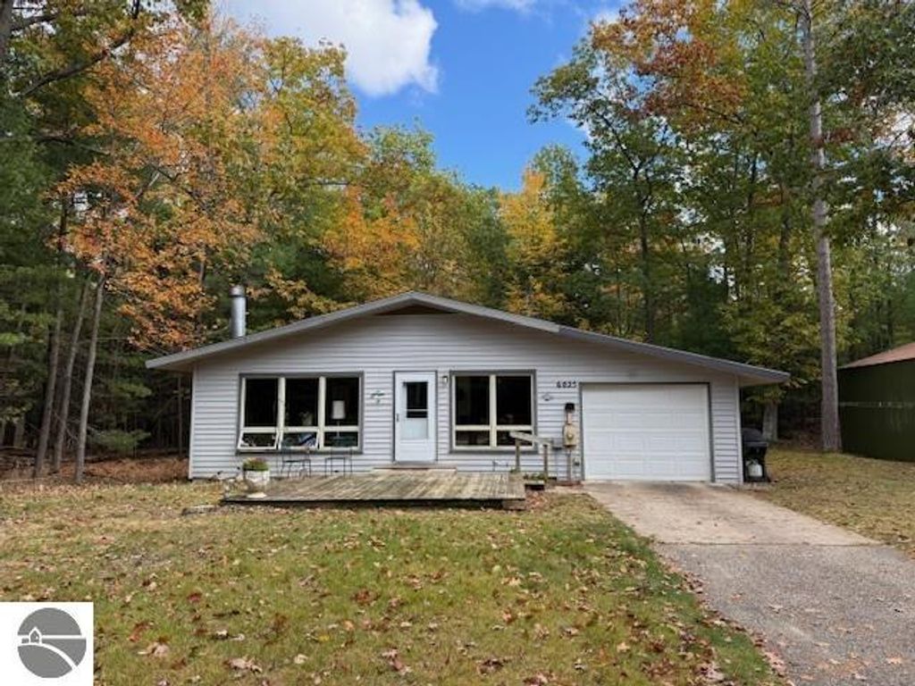 Cozy cottage at 6025 Forest Haven Drive, Glen Arbor, surrounded by autumn foliage, featuring large windows, a wooden deck, and a garage, set on 3.48 acres near Lake Michigan.