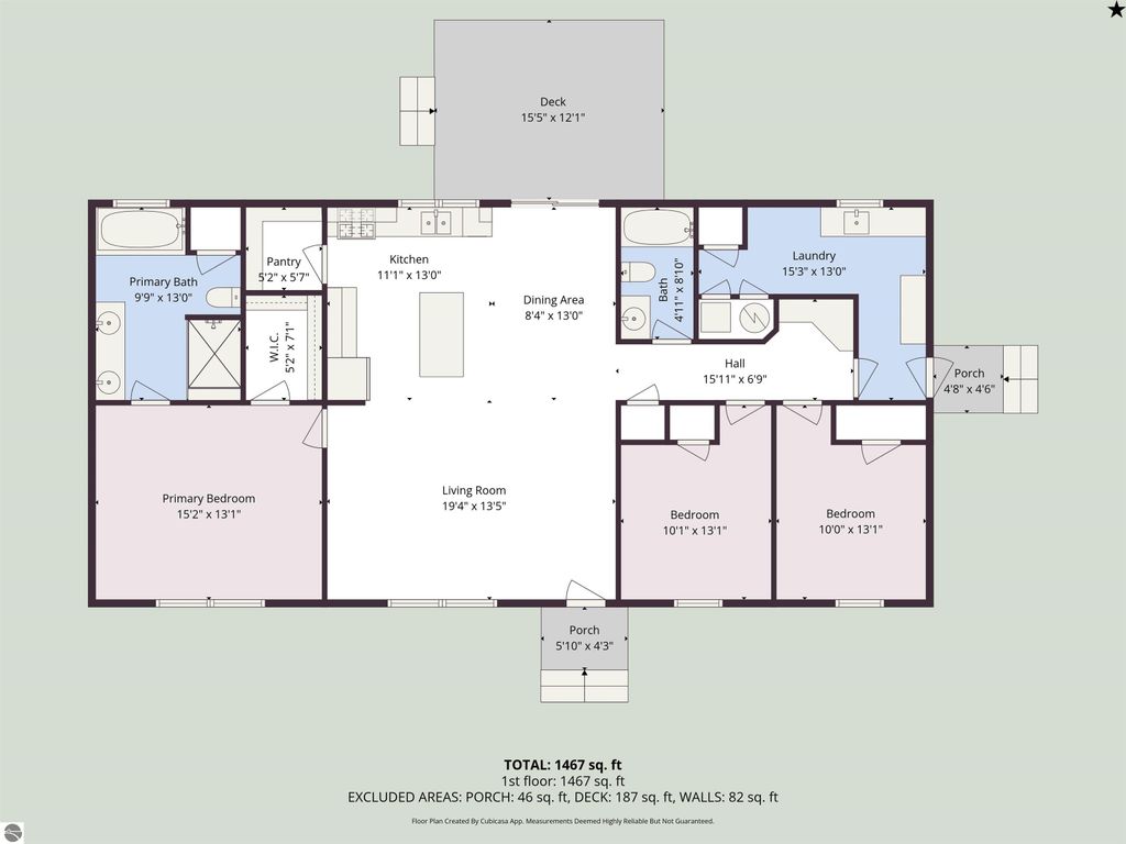 Floor plan of a 3-bedroom, 2-bathroom ranch-style home, featuring a kitchen, living room, dining area, laundry, and porches, designed for the property at 11754 Country Acres Drive, Interlochen, MI.