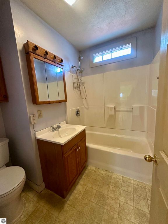 Bathroom featuring a bathtub with shower, wooden vanity with sink, mirror above, and a window for natural light, part of the bungalow listing at 224 W Fifteenth Street, Traverse City, MI.