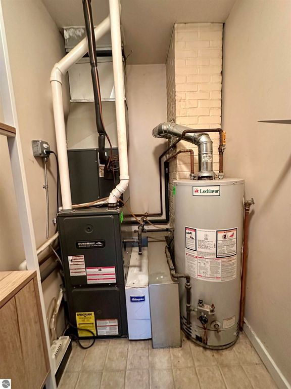 Utility room featuring a furnace, water heater, and associated plumbing, highlighting essential home systems for the Traverse City listing at 224 W Fifteenth Street.