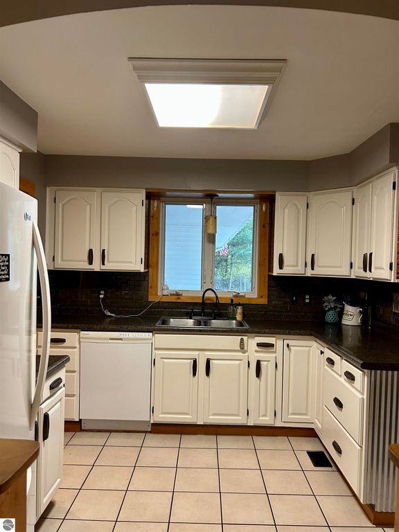 Modern kitchen featuring white cabinetry, dark countertops, stainless steel appliances, and a window with natural light, ideal for a family home in Tawas City, MI.