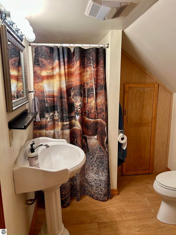 Bathroom featuring a pedestal sink, decorative mirror, and a shower curtain with a nature scene depicting a deer and autumn landscape, complemented by wooden flooring and a small storage cabinet.