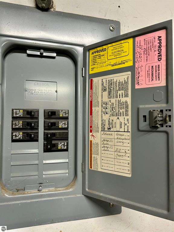 Electrical panel with circuit breakers and inspection labels, illustrating home features at 1007 W First Street, Tawas City, MI.
