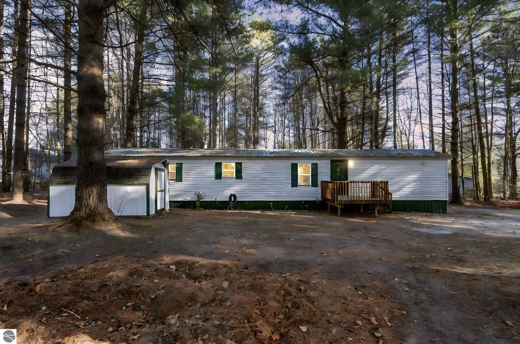 3-bedroom, 1-bathroom home on 0.45 acres at 8401 Independence Avenue, Cadillac, MI, featuring a newer metal roof, freshly painted exterior, and surrounded by trees.
