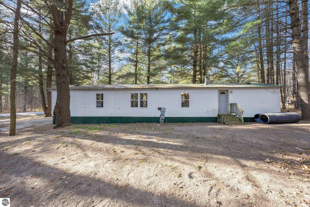 3-bedroom, 1-bathroom home for sale at 8401 Independence Avenue, Cadillac, MI, featuring a new metal roof, freshly painted exterior, and surrounded by trees on a spacious lot.
