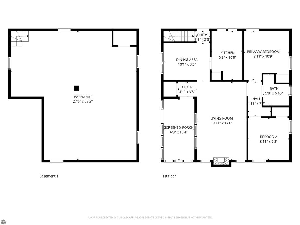 Floor plan for 110 W State Street, Clare, MI, showing basement and first floor layout with room dimensions.