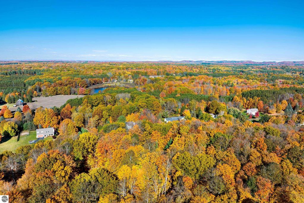 Aerial view of wooded landscape in Traverse City, MI, showcasing vibrant fall foliage, serene pond, and nearby homes on 1.41 acres, highlighting the natural beauty and privacy of the property at 10371 Deerpath North.
