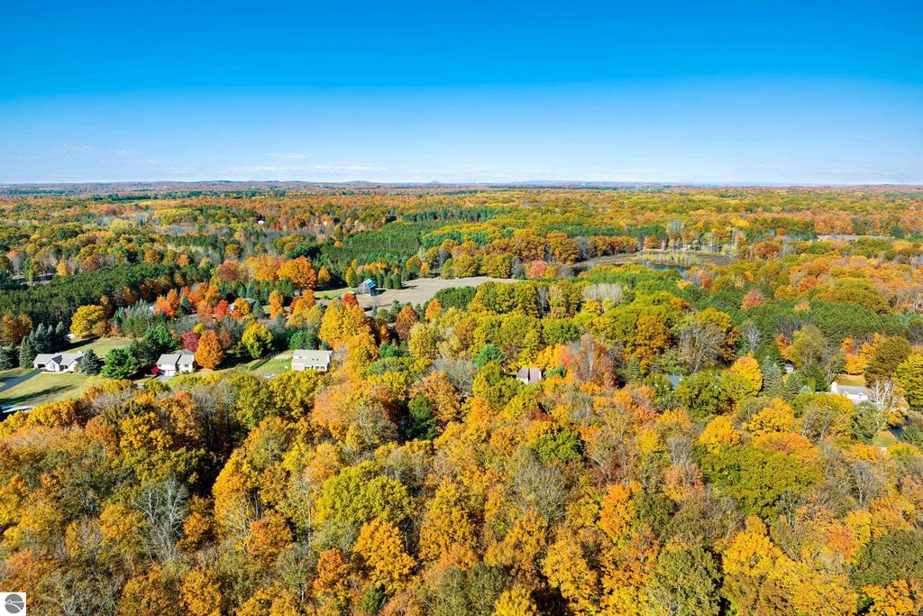 Aerial view of vibrant autumn foliage surrounding residential properties in Traverse City, MI, highlighting the natural beauty and wooded landscape near 10371 Deerpath North.
